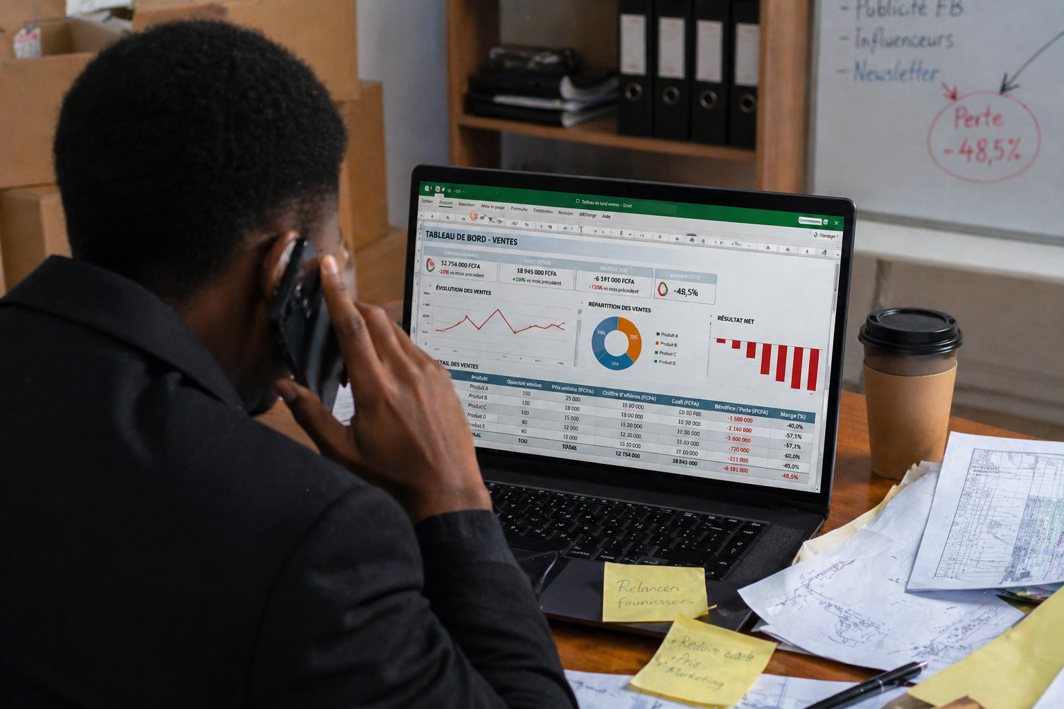 Vendeur e-commerce utilisant WhatsApp et un tableau Excel pour suivre ses ventes